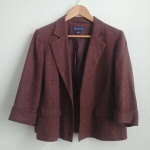 Jones New York brown heavy linen open front blazer jacket cropped sleeves Large